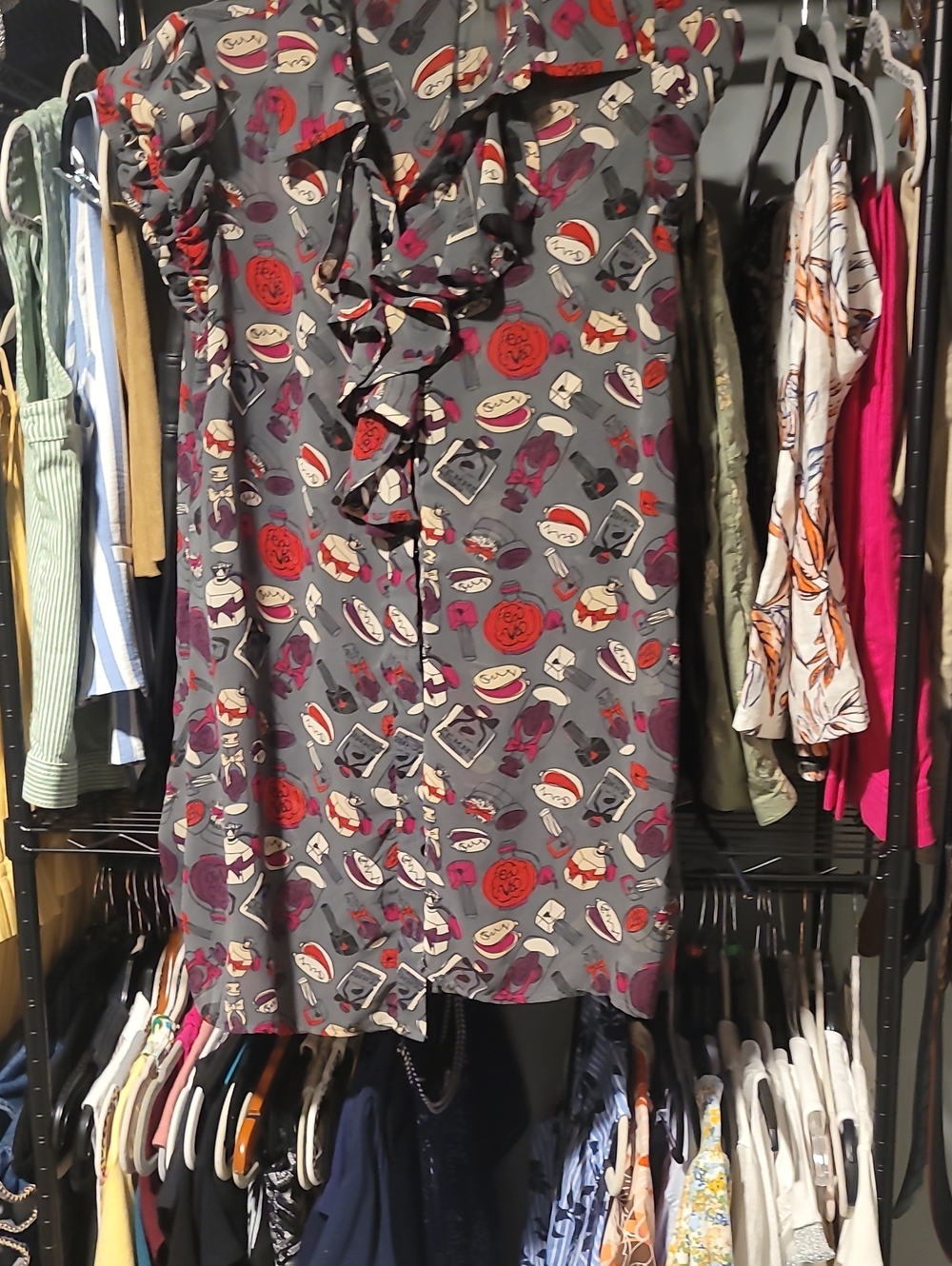 Gray Printed Ruffle Front Women’s Top